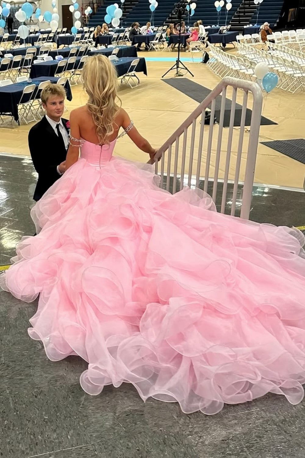 Blush Pink Off-the-Shoulder Ball Gown with Crystal Embellishments