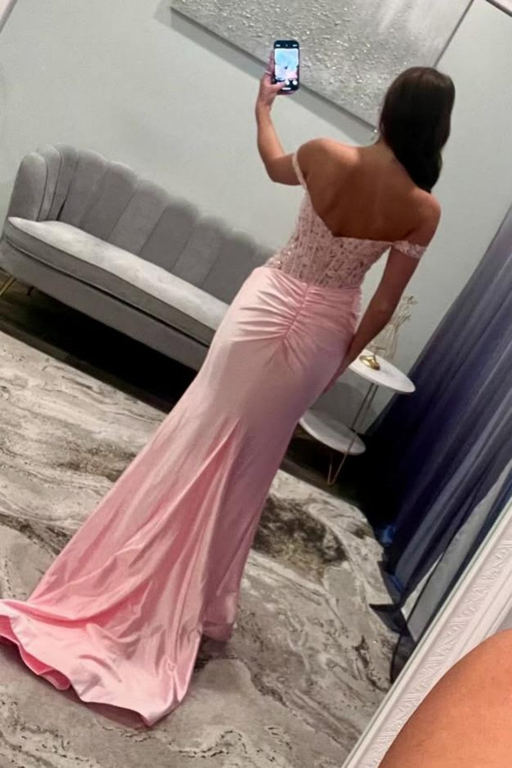 Blush Pink Off-the-Shoulder Lace Corset Satin Prom Dress with High Slit