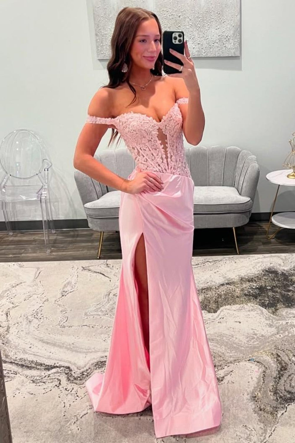 Blush Pink Off-the-Shoulder Lace Corset Satin Prom Dress with High Slit