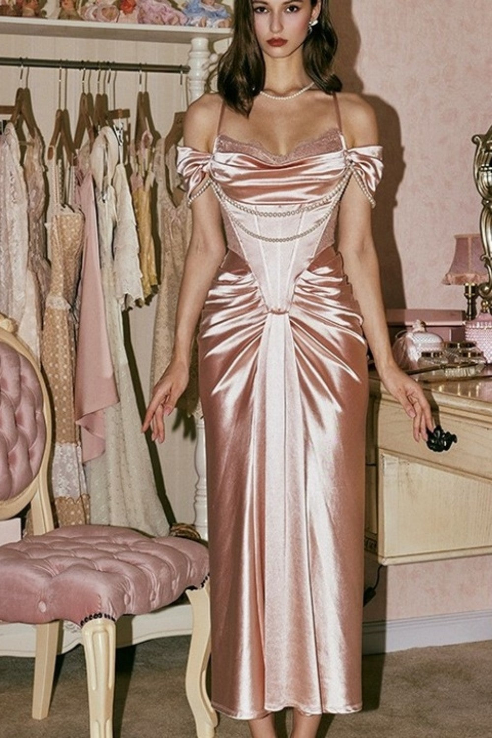 Blush Pink Off-the-Shoulder Satin Corset Prom Dress with Pearl Draping