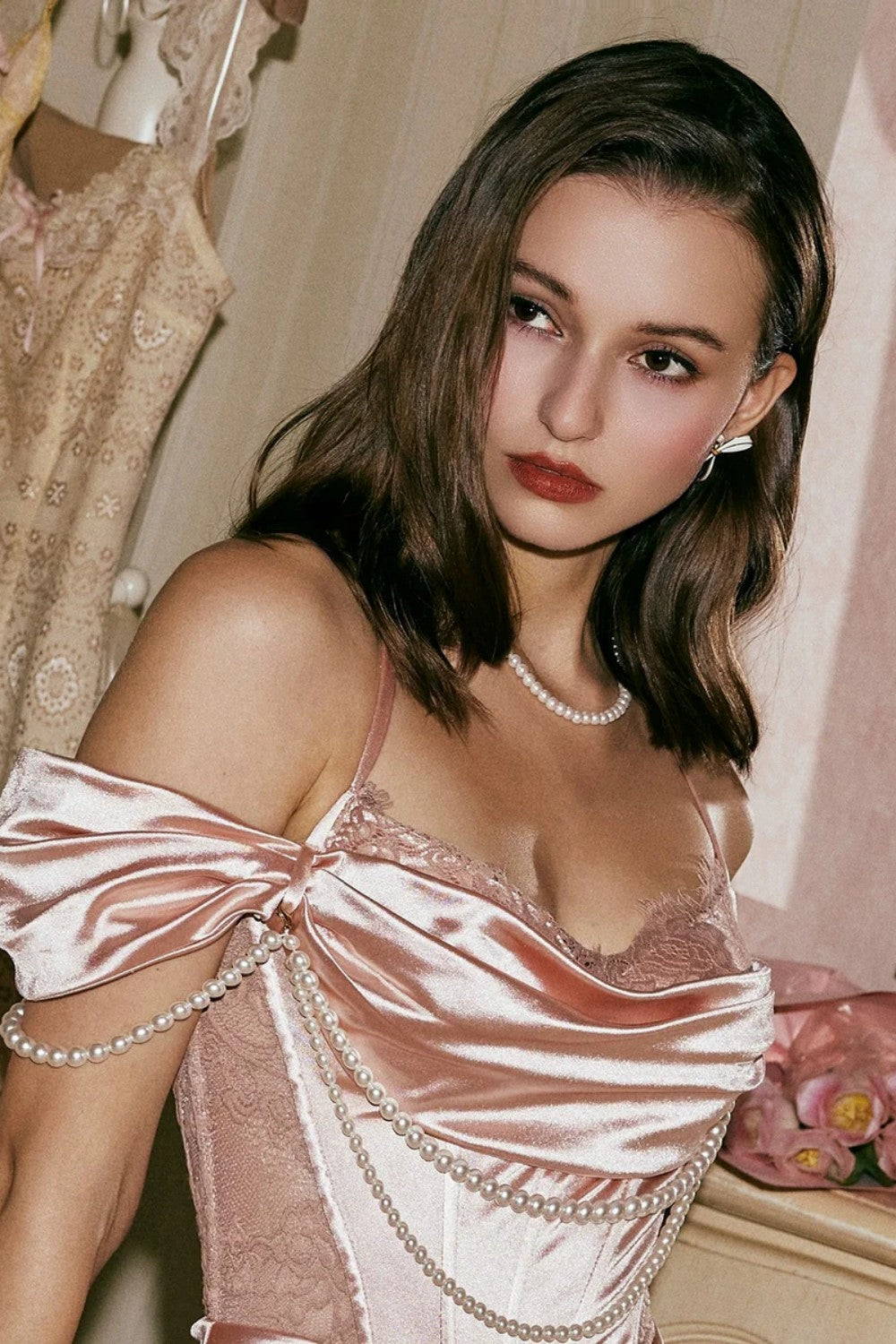 Blush Pink Off-the-Shoulder Satin Corset Prom Dress with Pearl Draping
