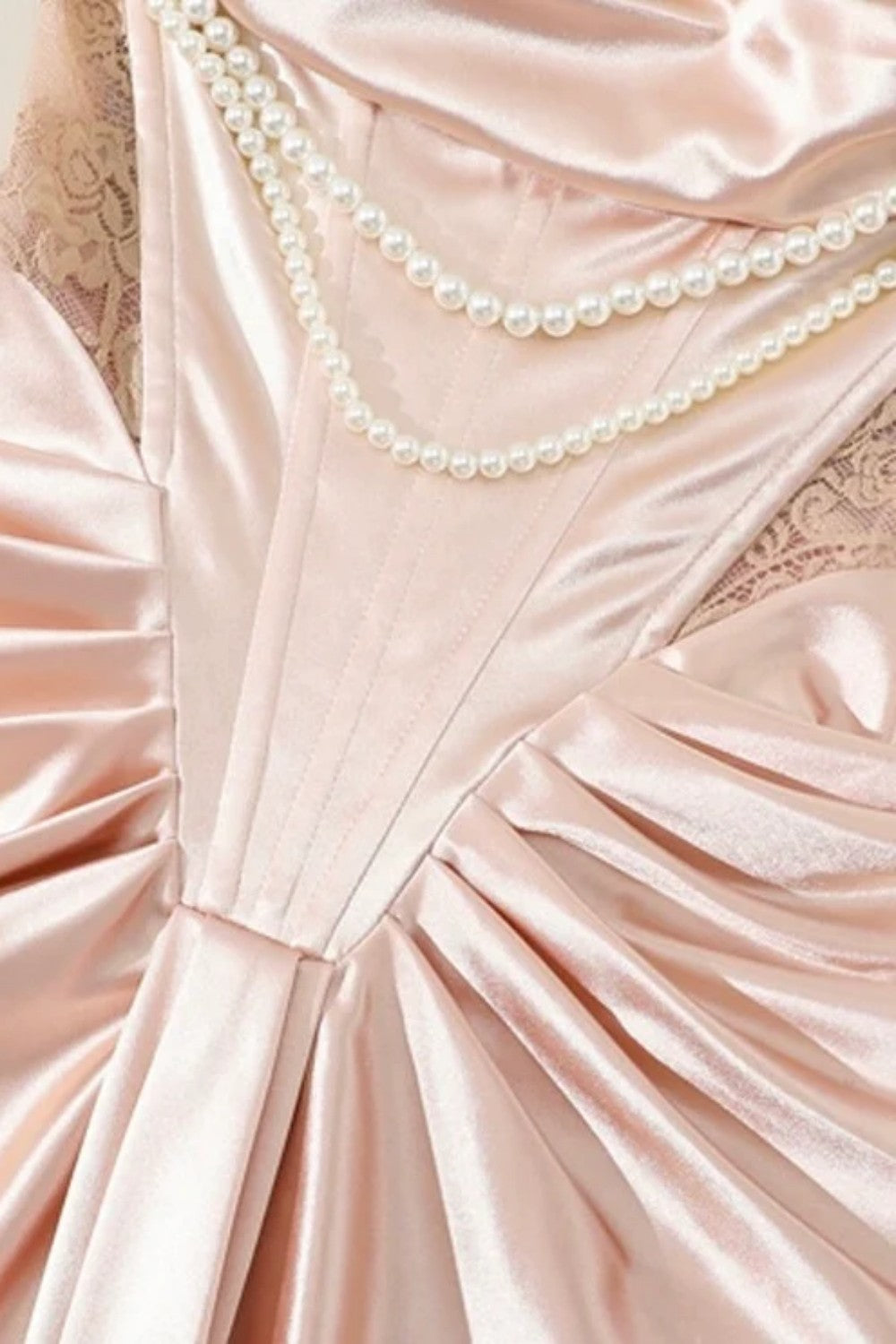Blush Pink Off-the-Shoulder Satin Corset Prom Dress with Pearl Draping