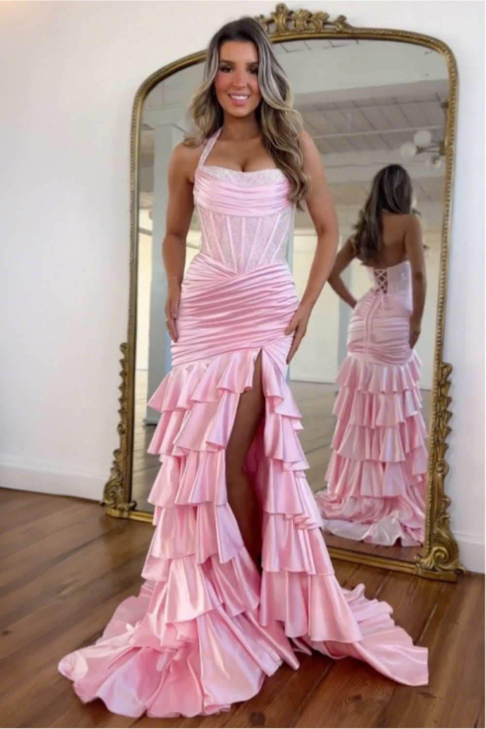 Blush Pink Ruffle Mermaid Halter Prom Dress with Corset Bodice and Beading