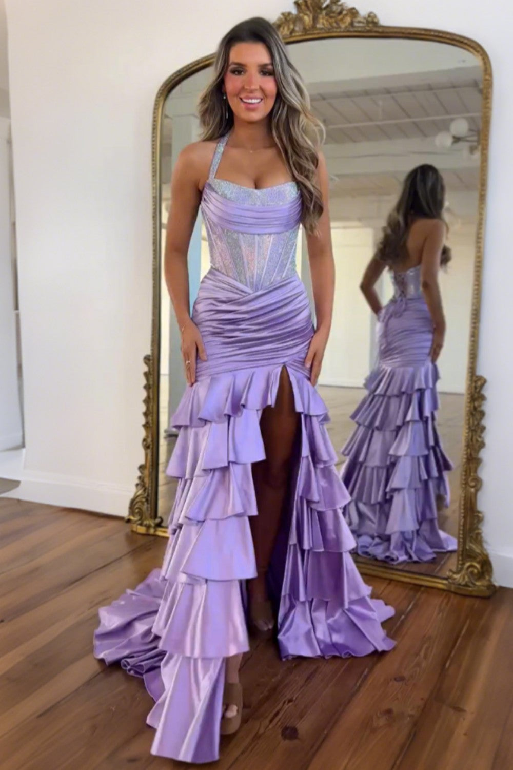 Blush Pink Ruffle Mermaid Halter Prom Dress with Corset Bodice and Beading