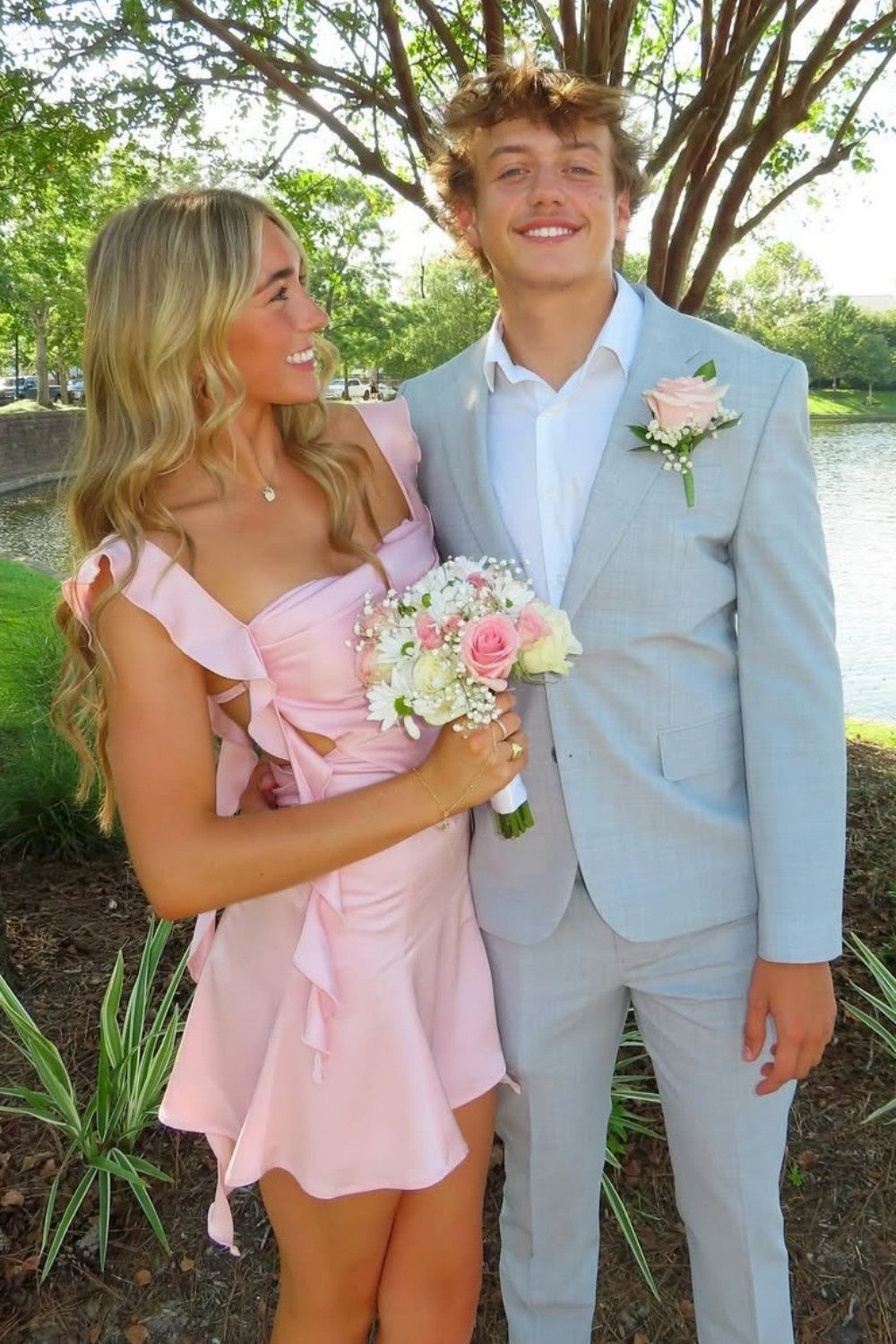 Blush Pink Ruffle Strap Mini Homecoming Dress with Side Cutouts