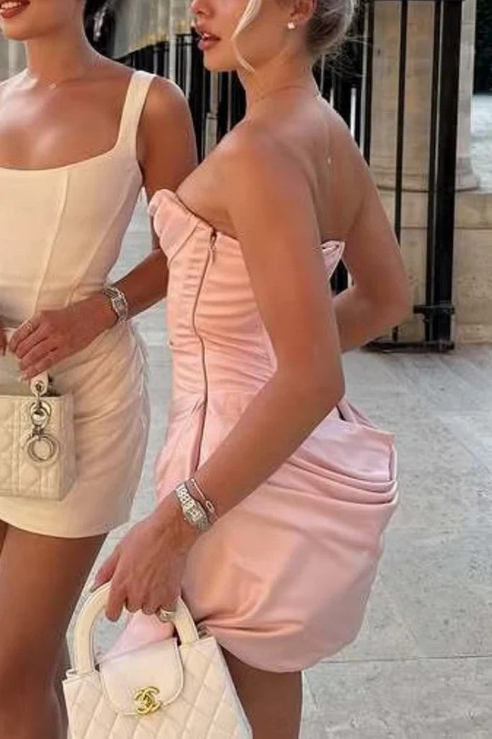 Blush Pink Satin Homecoming Dress with Draped Cowl Neck Mini Skirt
