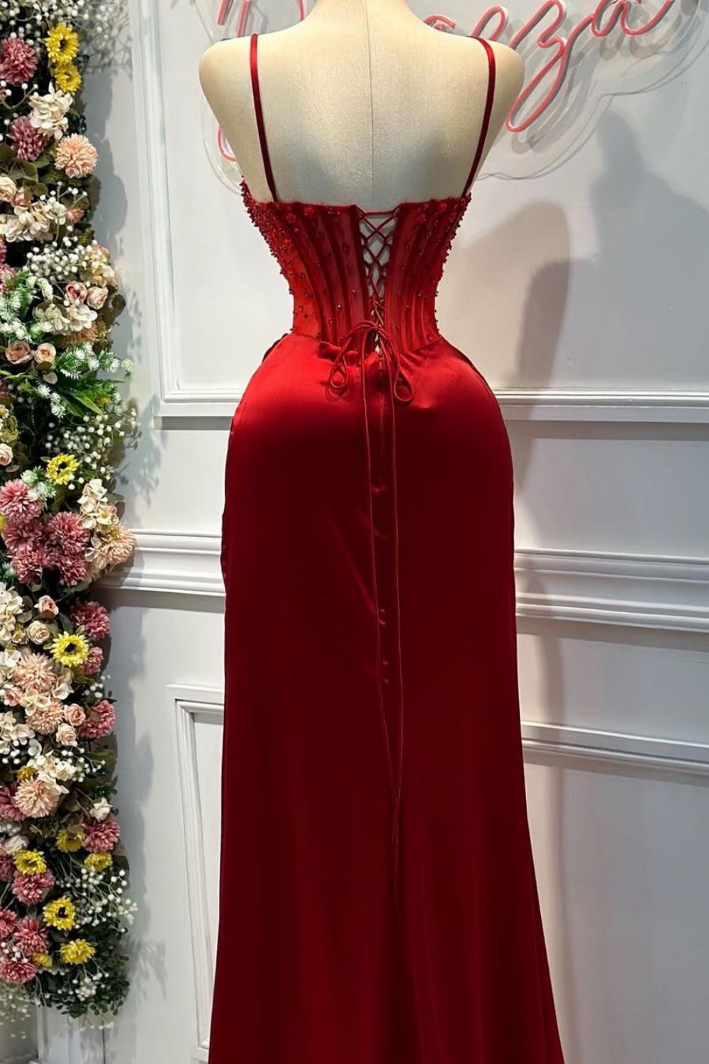 Blush Pink Strapless Beaded Corset Satin Mermaid Prom Dress with High Slit
