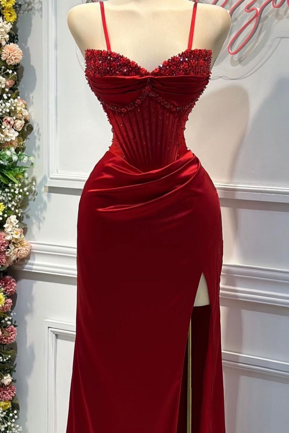 Blush Pink Strapless Beaded Corset Satin Mermaid Prom Dress with High Slit