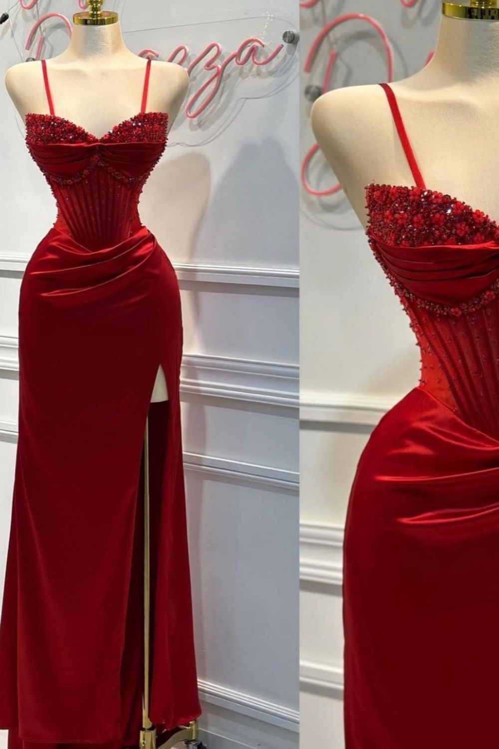 Blush Pink Strapless Beaded Corset Satin Mermaid Prom Dress with High Slit