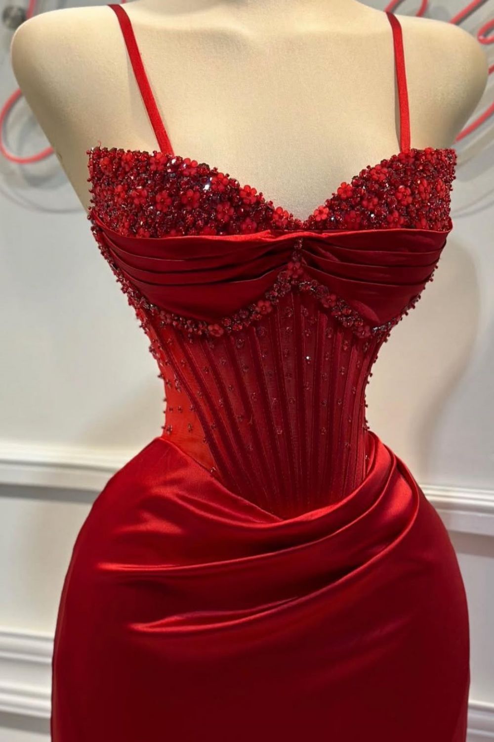 Blush Pink Strapless Beaded Corset Satin Mermaid Prom Dress with High Slit