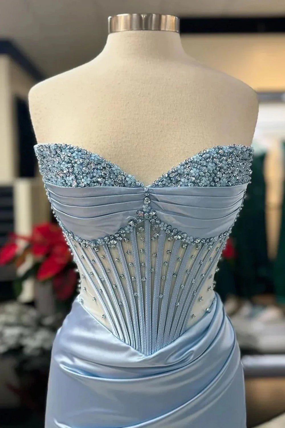 Blush Pink Strapless Beaded Corset Satin Mermaid Prom Dress with High Slit