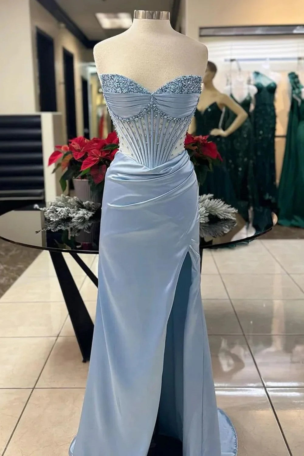 Blush Pink Strapless Beaded Corset Satin Mermaid Prom Dress with High Slit