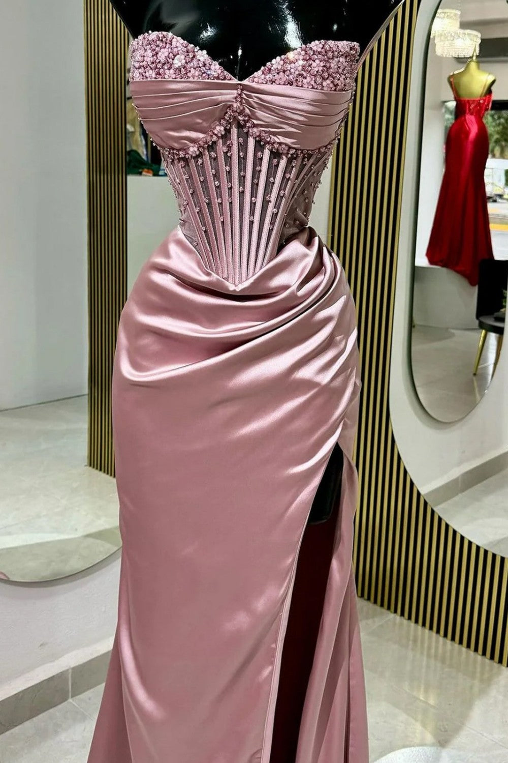 Blush Pink Strapless Beaded Corset Satin Mermaid Prom Dress with High Slit