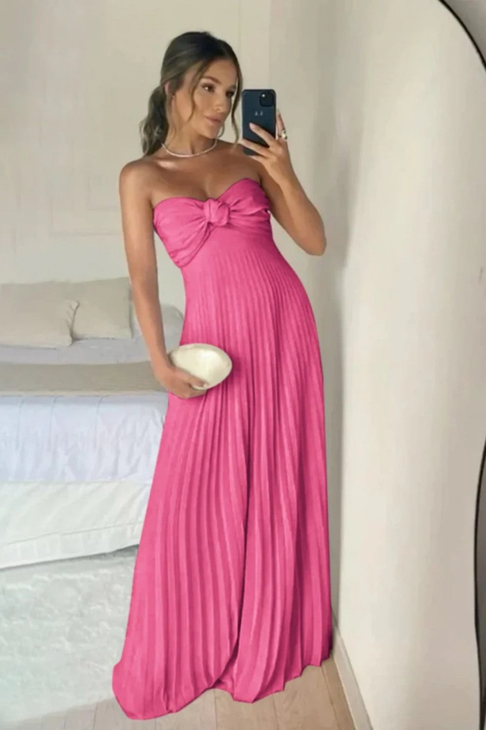 Blush Pink Strapless Knotted Bodice Pleated Maxi Prom Dress