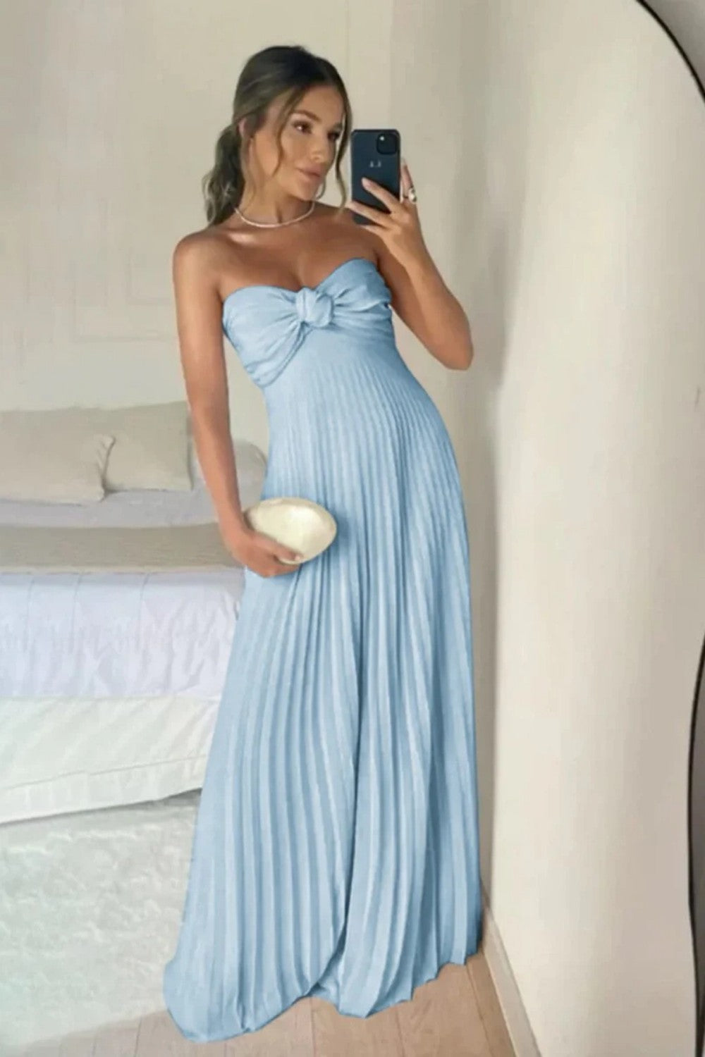 Blush Pink Strapless Knotted Bodice Pleated Maxi Prom Dress