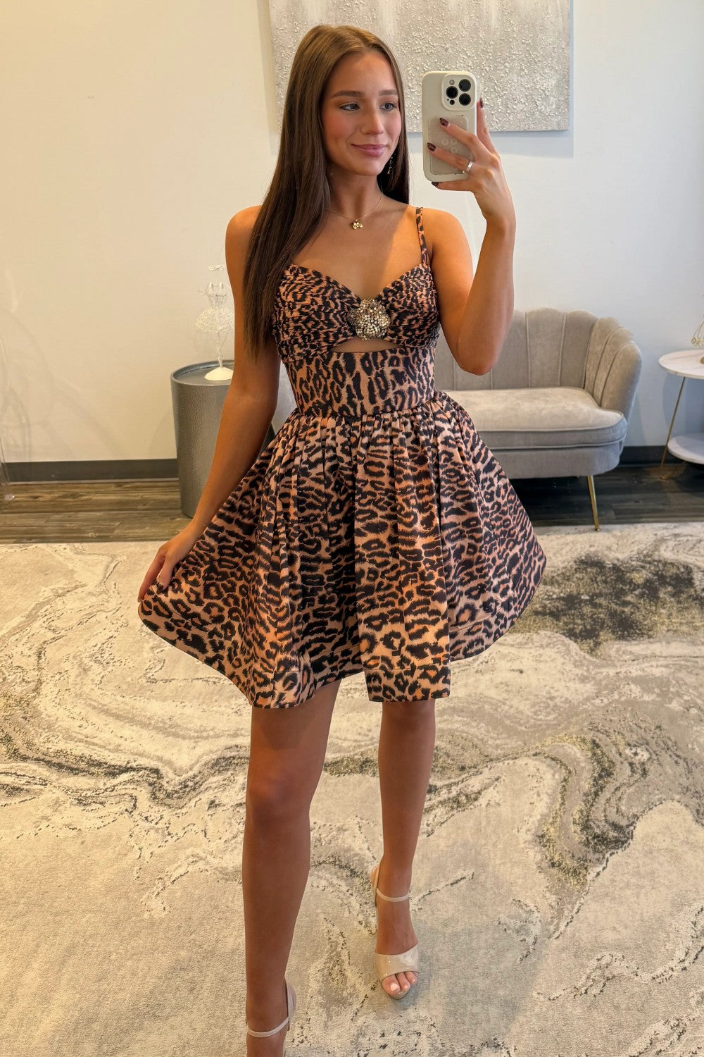 Bold Leopard Print Cutout Homecoming Dress with Jewel Bust Detail and Spaghetti Straps