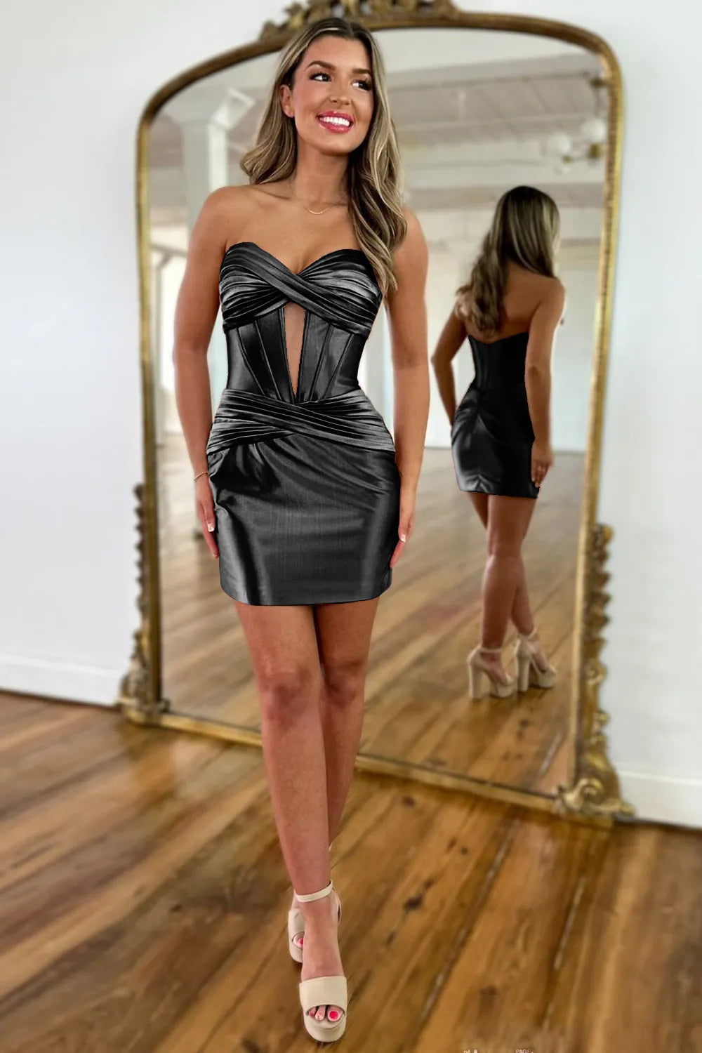 Short Bodycon Homecoming Party Dress with Satin Shine and Sweetheart Cut