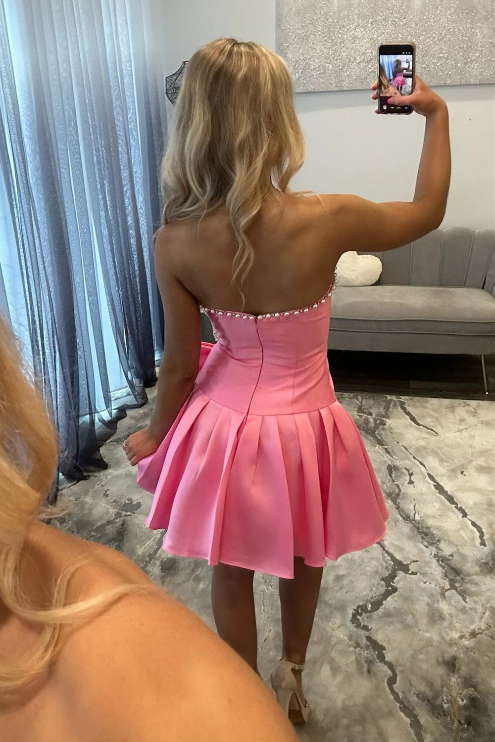 Strapless A-Line Satin Homecoming Dress with Corset Bodice and Oversized Bow