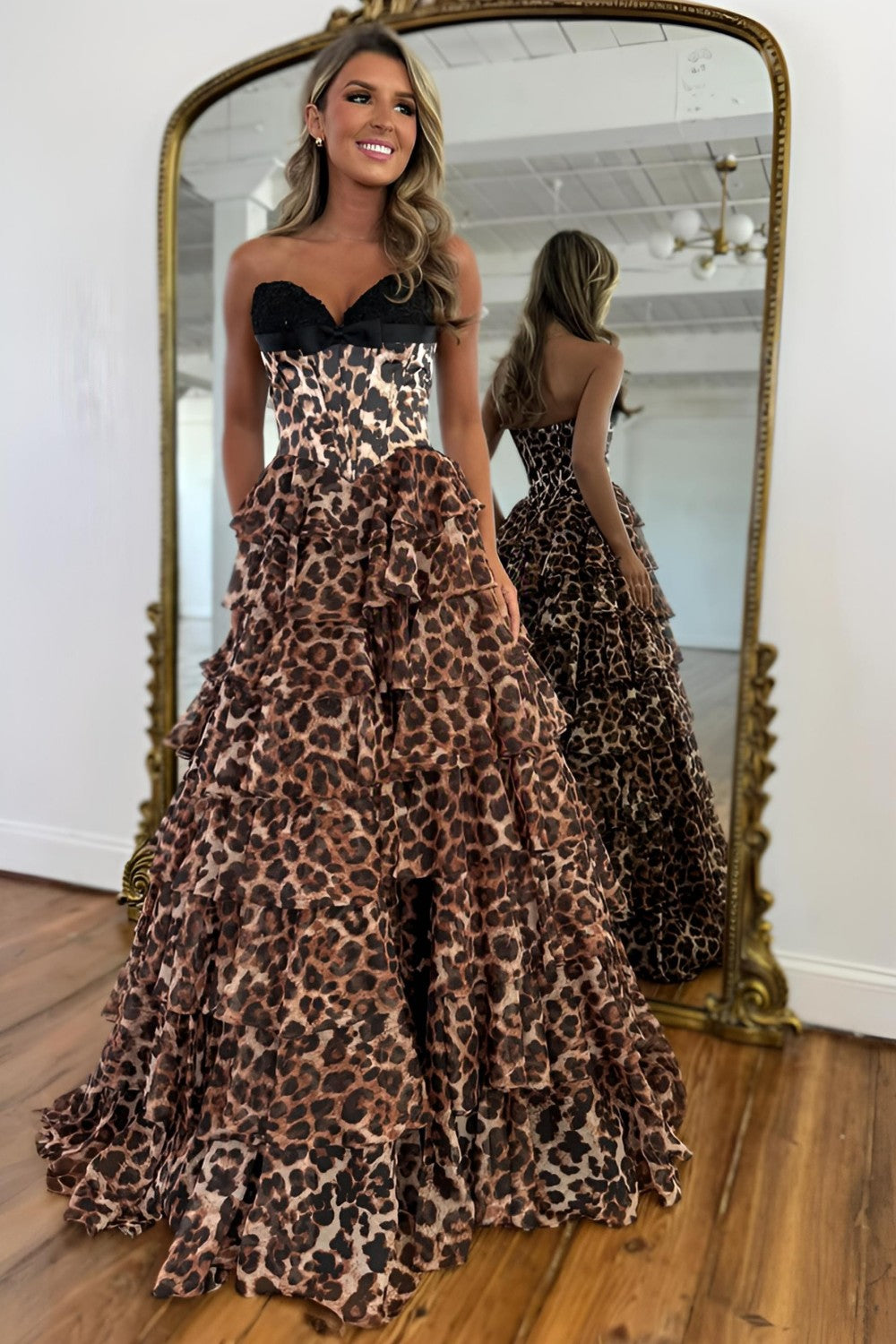 Brown Leopard Print Strapless Prom Dress with Black Satin Bodice and Tiered Ruffles