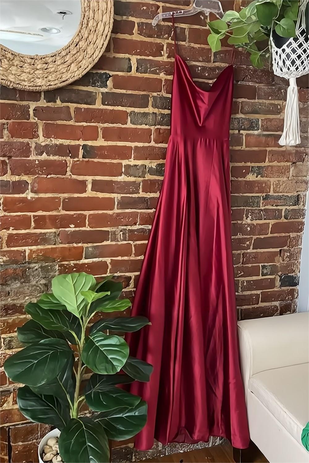 Burgundy A-Line Satin Prom Dress with Spaghetti Straps and Slit