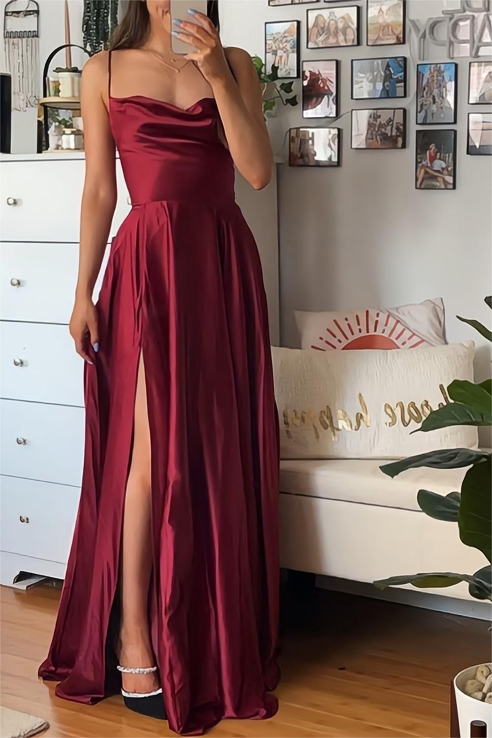Burgundy A-Line Satin Prom Dress with Spaghetti Straps and Slit