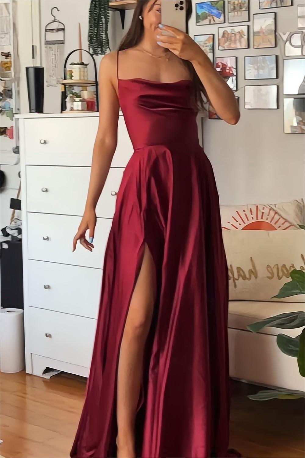 Burgundy A-Line Satin Prom Dress with Spaghetti Straps and Slit