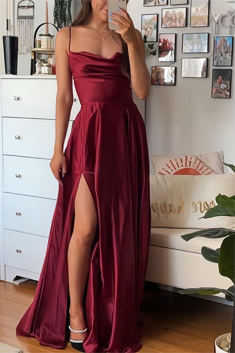 Burgundy A-Line Satin Prom Dress with Spaghetti Straps and Slit