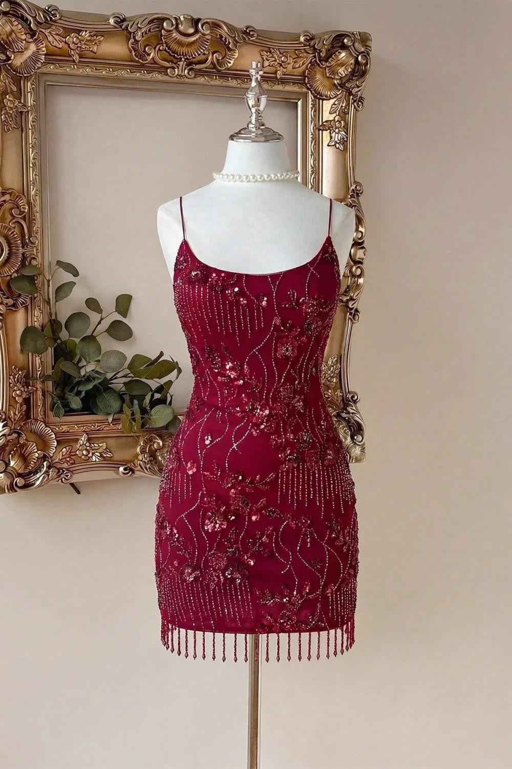 Burgundy Beaded Homecoming Dress with Spaghetti Straps and Fringe Hem