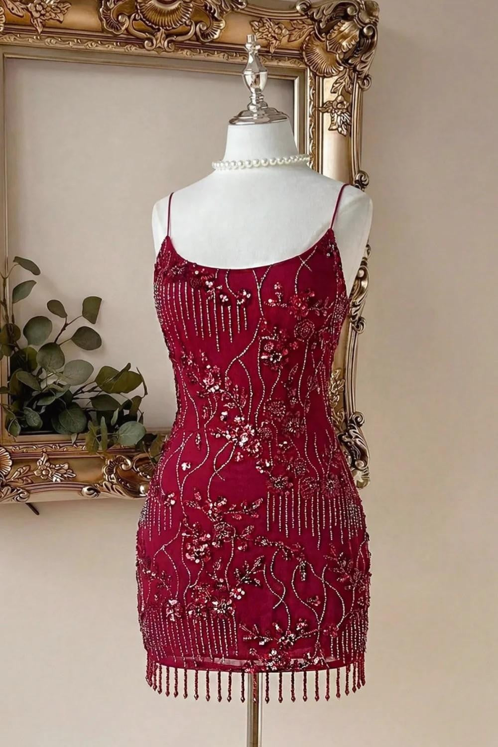 Burgundy Beaded Homecoming Dress with Spaghetti Straps and Fringe Hem
