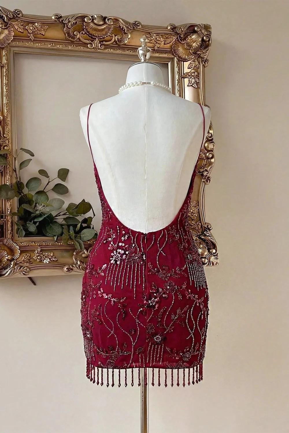Burgundy Beaded Homecoming Dress with Spaghetti Straps and Fringe Hem