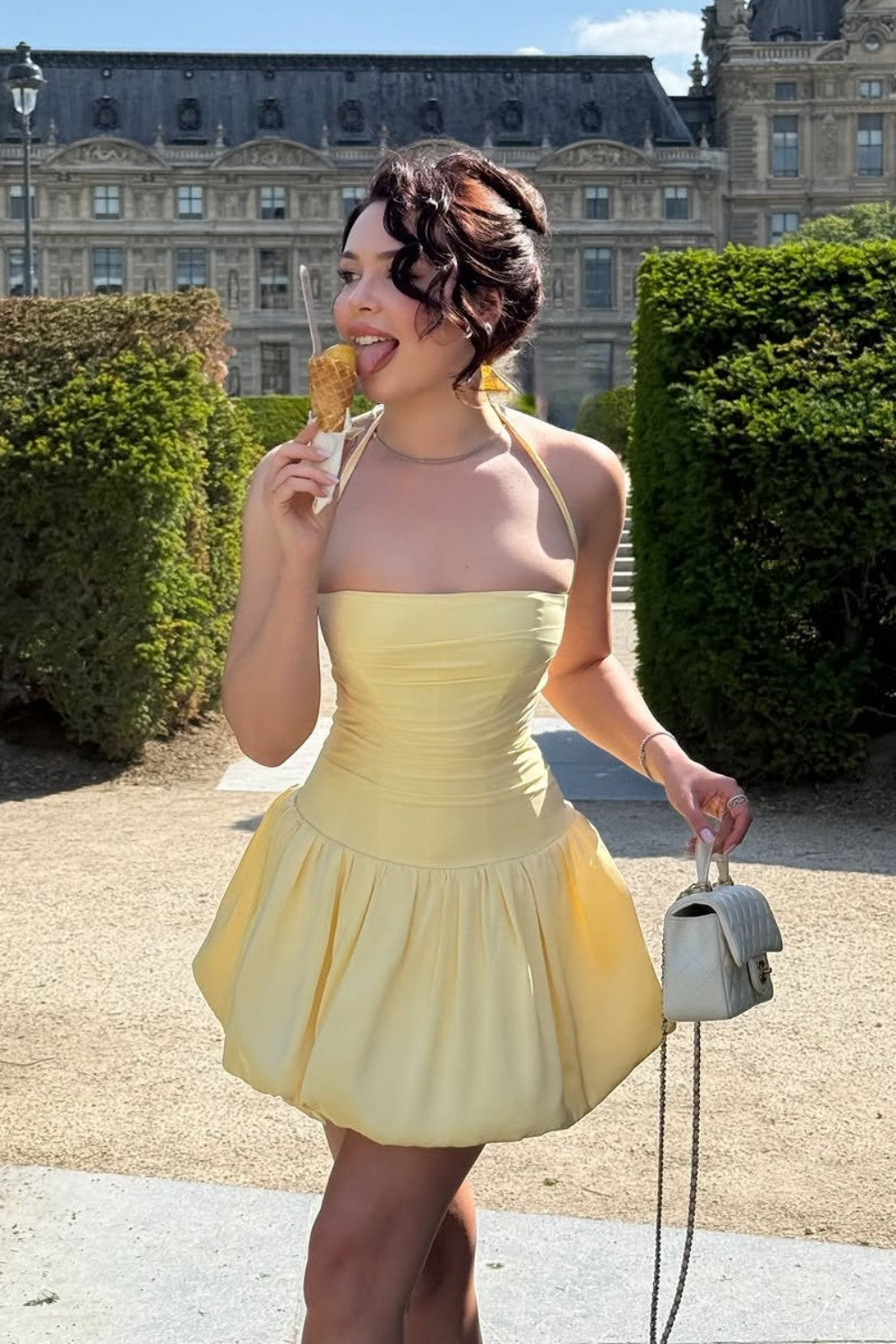 Butter Yellow Halter Lace Up Homecoming Dress with Bubble Hem Skirt