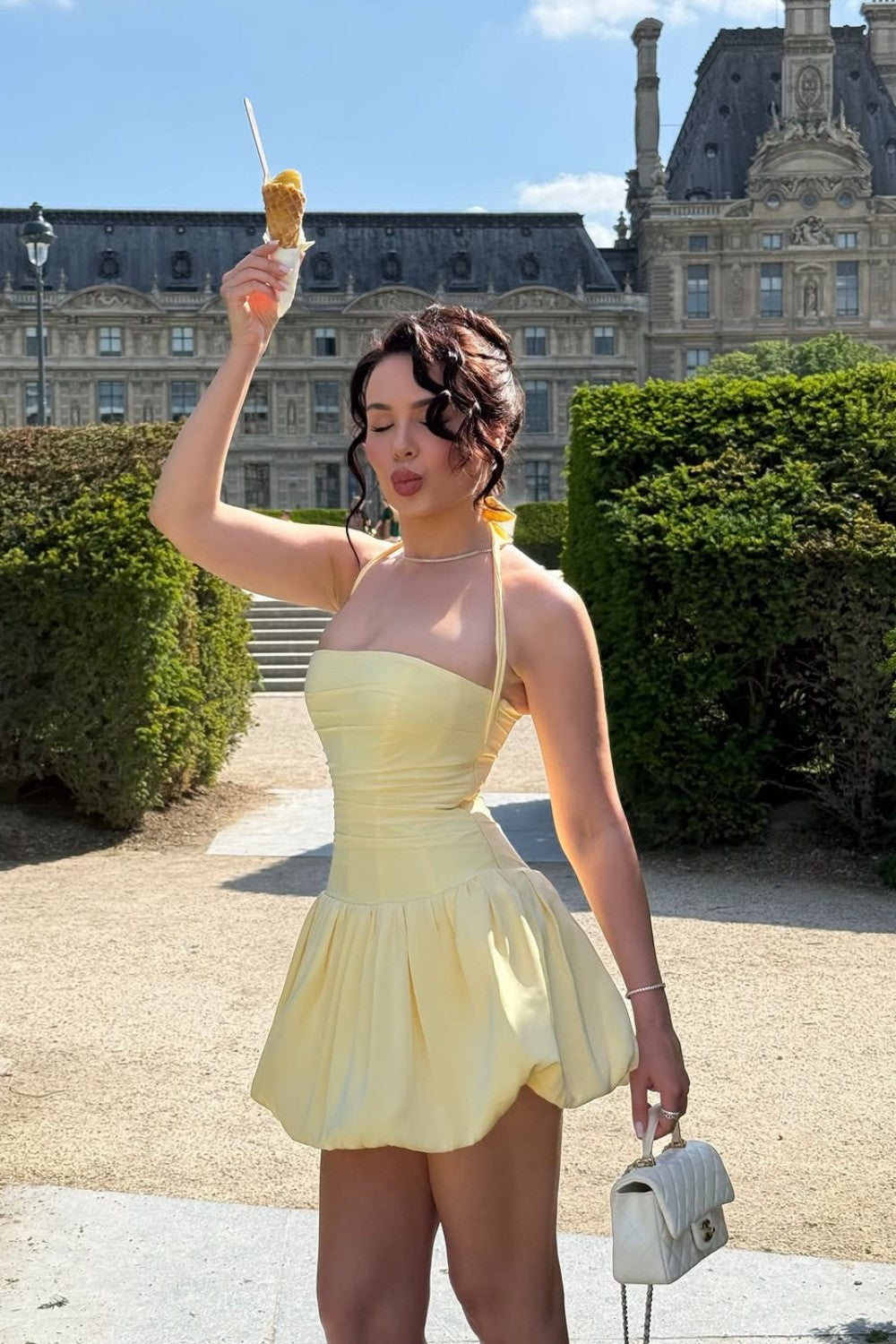 Butter Yellow Halter Lace Up Homecoming Dress with Bubble Hem Skirt