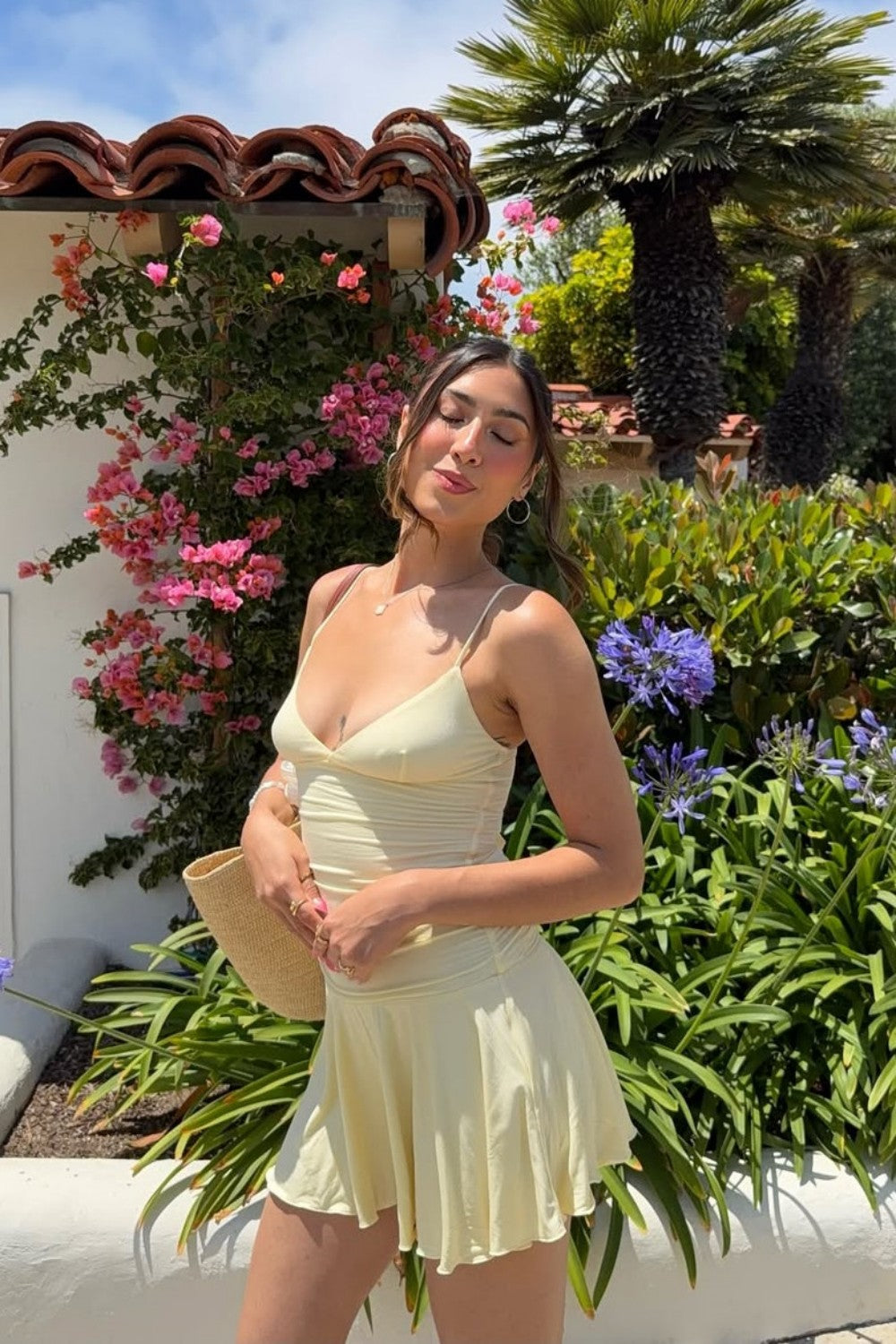 Butter Yellow Ruched Plunging Spaghetti Strap Homecoming Dress