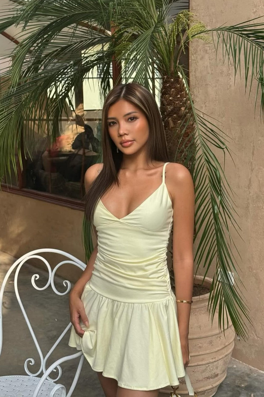 Butter Yellow Ruched Plunging Spaghetti Strap Homecoming Dress