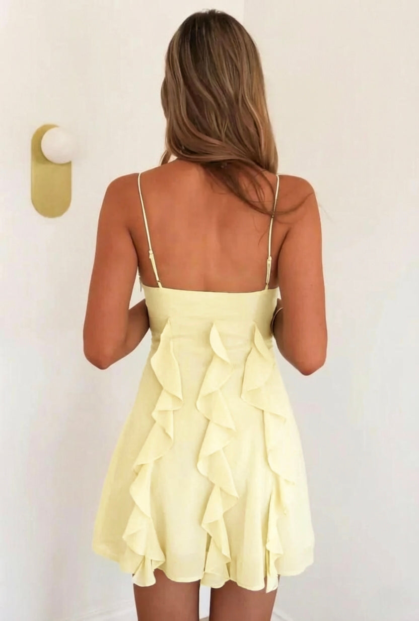 Light Blue Cascade Ruffle Spaghetti Straps Flowy Homecoming Dress