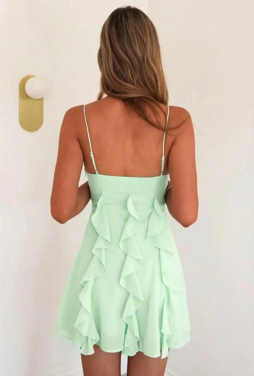 Light Blue Cascade Ruffle Spaghetti Straps Flowy Homecoming Dress