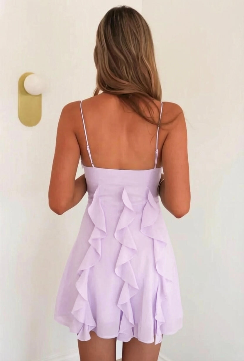 Light Blue Cascade Ruffle Spaghetti Straps Flowy Homecoming Dress