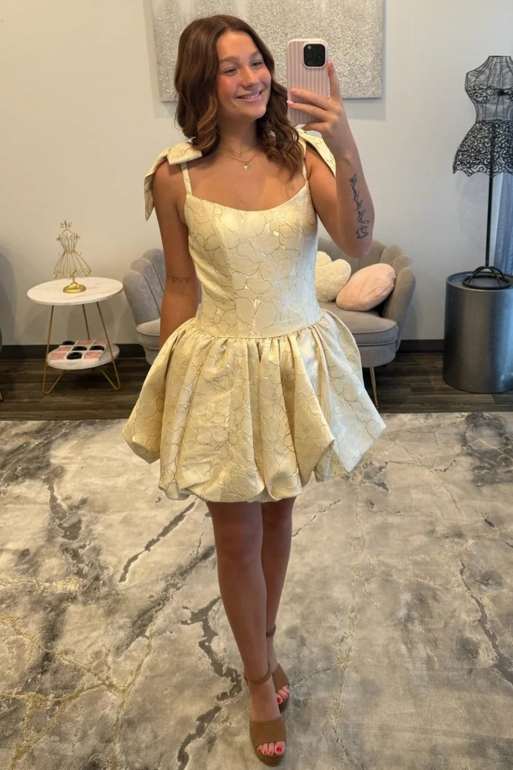 Champagne Jacquard Bow Straps Bubble Hem Homecoming Dress