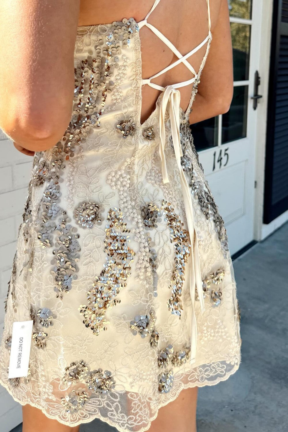 Champagne Lace Short Homecoming Dress with Beaded Floral Appliqués
