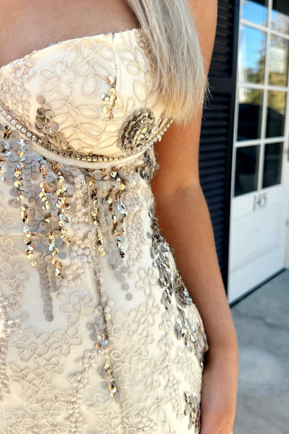Champagne Lace Short Homecoming Dress with Beaded Floral Appliqués