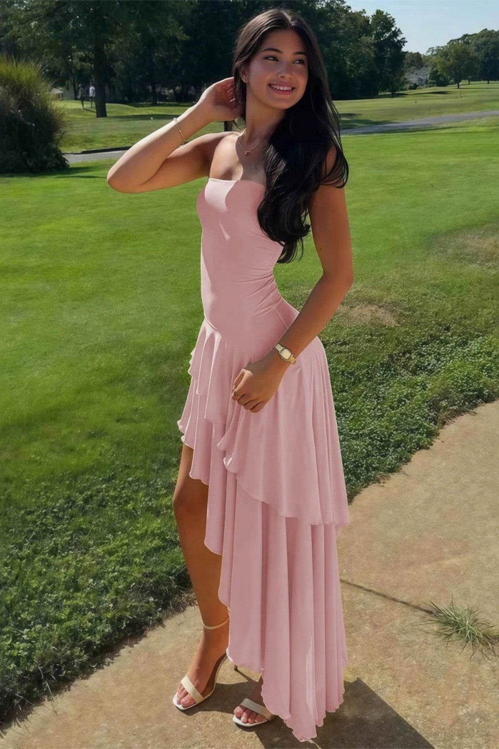 Charming Asymmetrical Strapless Blue Long Prom Dress with Ruffles