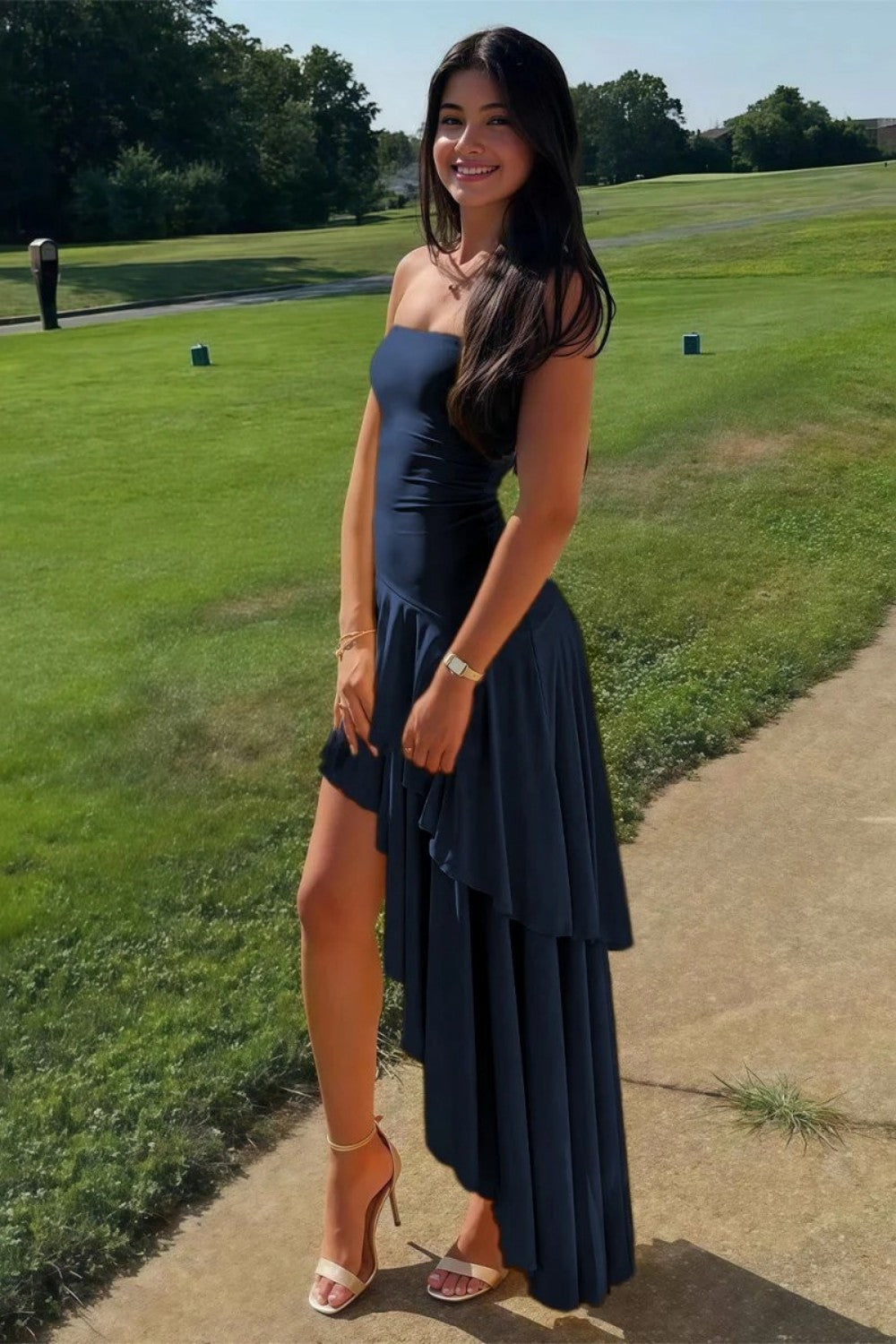 Charming Asymmetrical Strapless Blue Long Prom Dress with Ruffles
