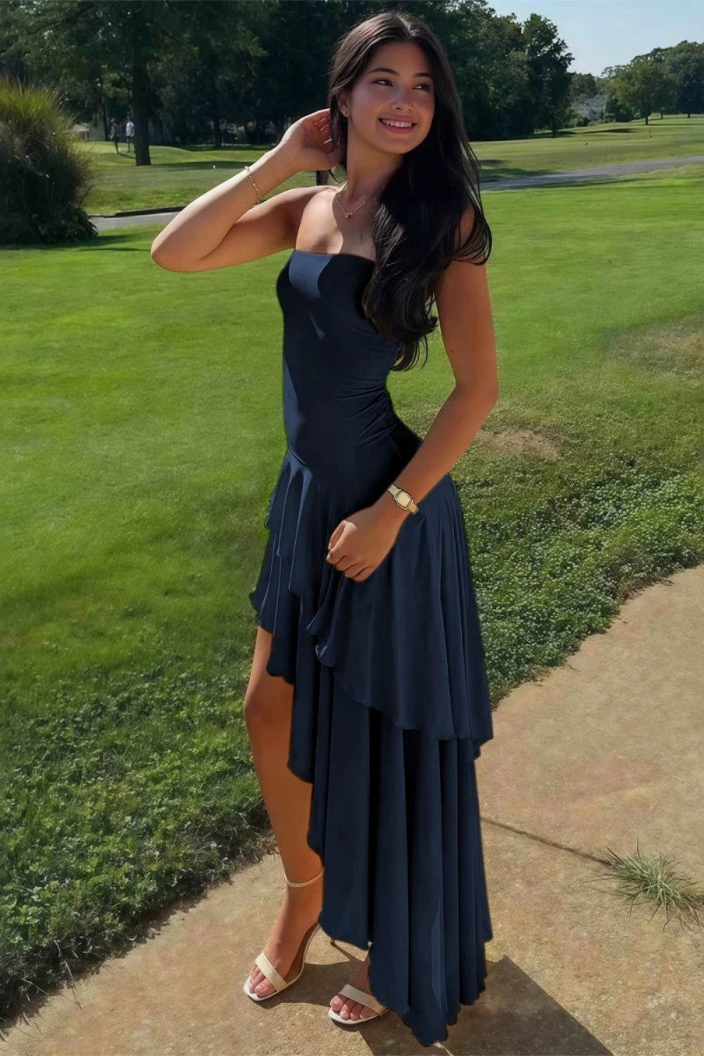 Charming Asymmetrical Strapless Blue Long Prom Dress with Ruffles