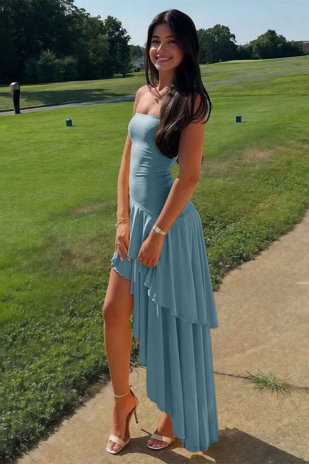Charming Asymmetrical Strapless Blue Long Prom Dress with Ruffles