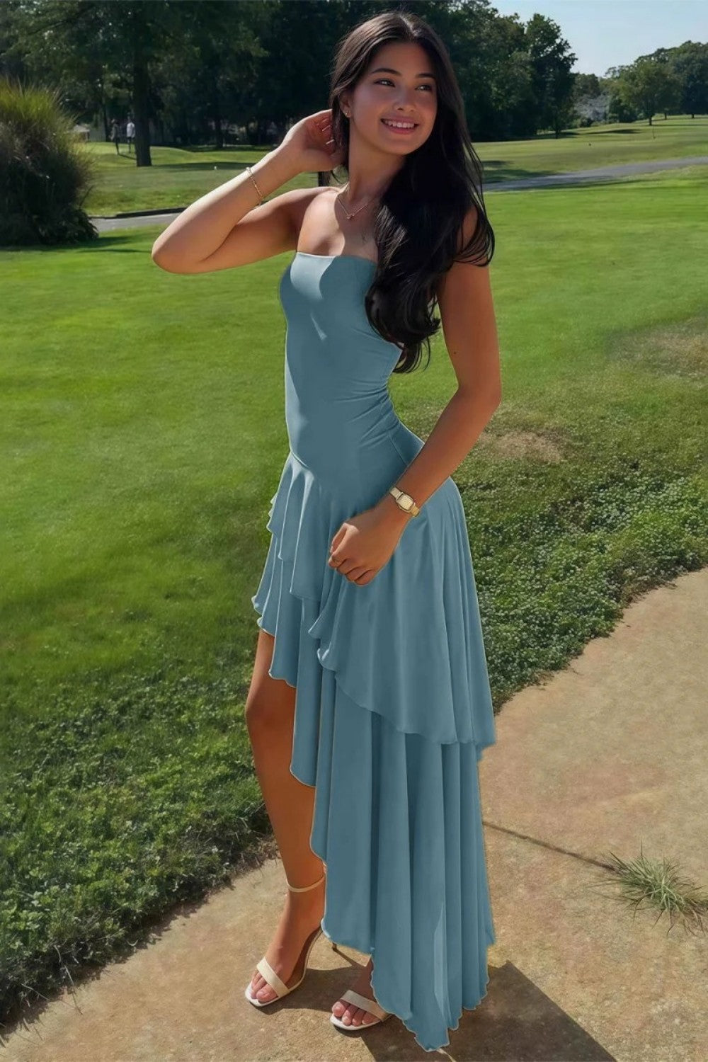 Charming Asymmetrical Strapless Blue Long Prom Dress with Ruffles
