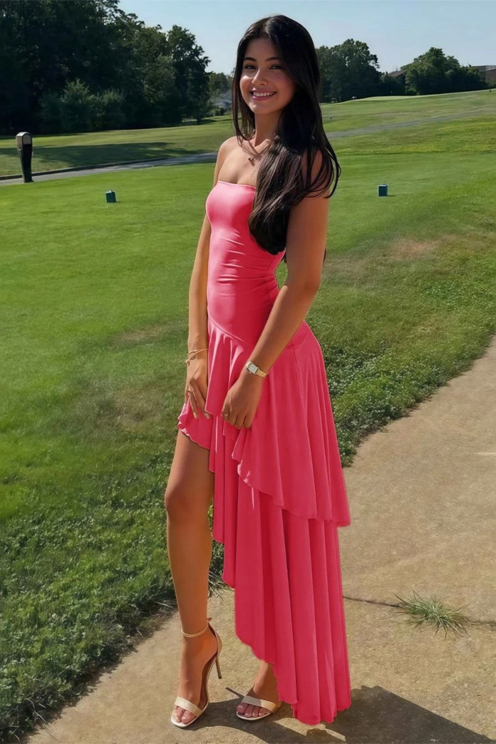 Charming Asymmetrical Strapless Blue Long Prom Dress with Ruffles