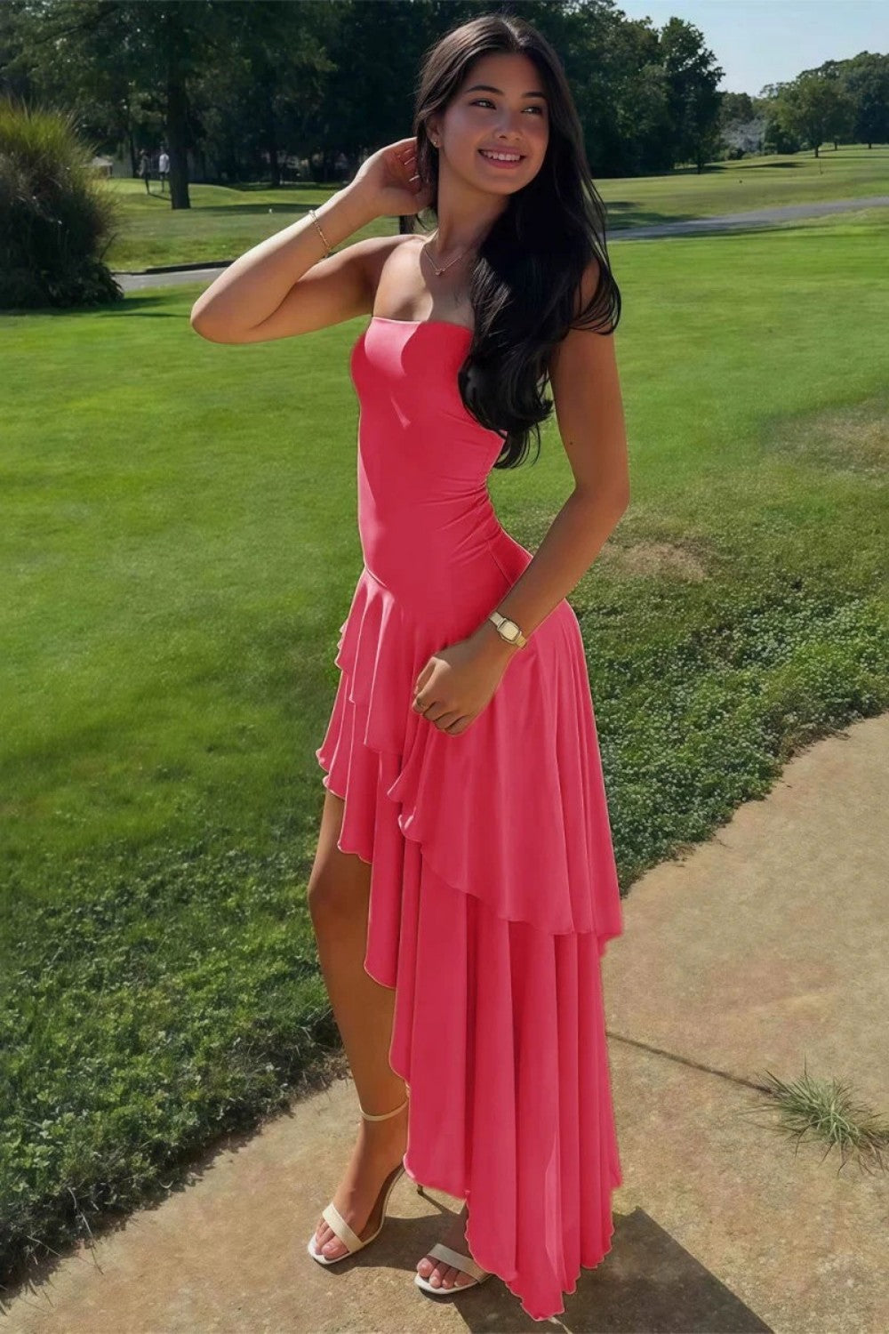 Charming Asymmetrical Strapless Blue Long Prom Dress with Ruffles
