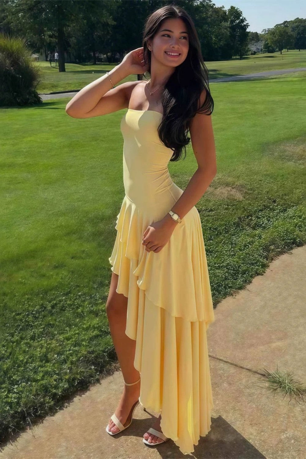 Charming Asymmetrical Strapless Blue Long Prom Dress with Ruffles