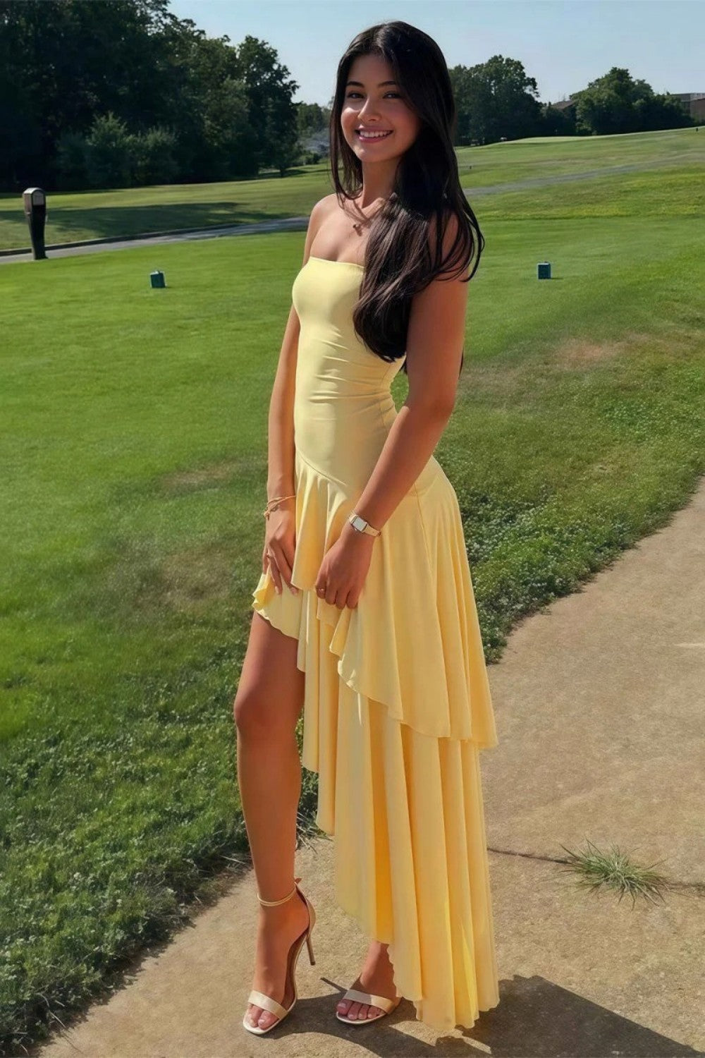 Charming Asymmetrical Strapless Blue Long Prom Dress with Ruffles