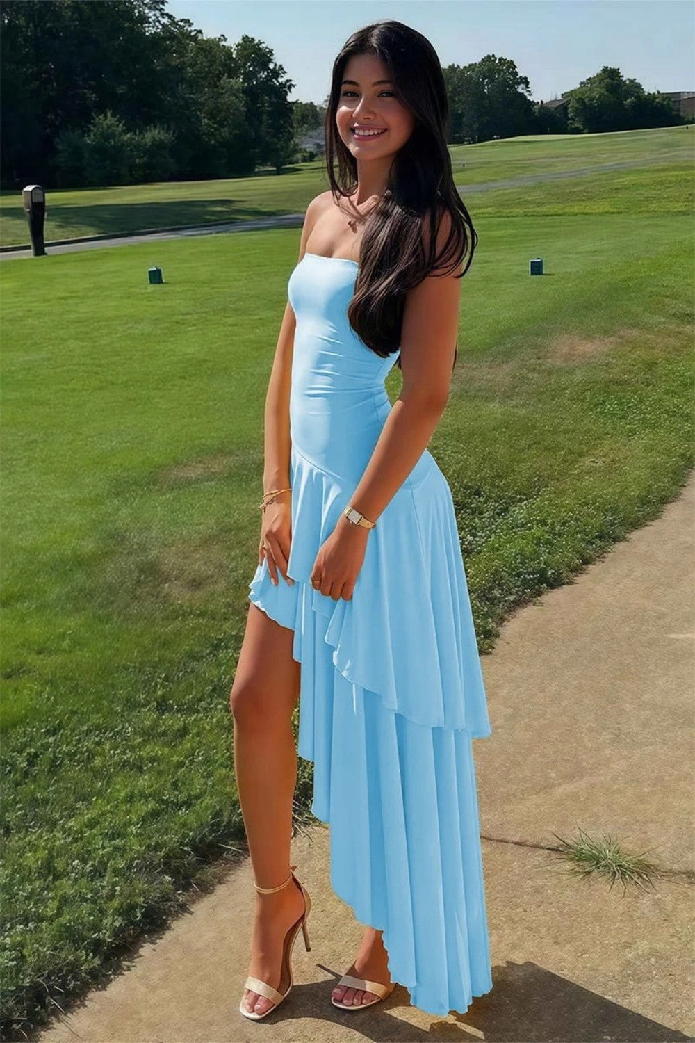 Charming Asymmetrical Strapless Blue Long Prom Dress with Ruffles